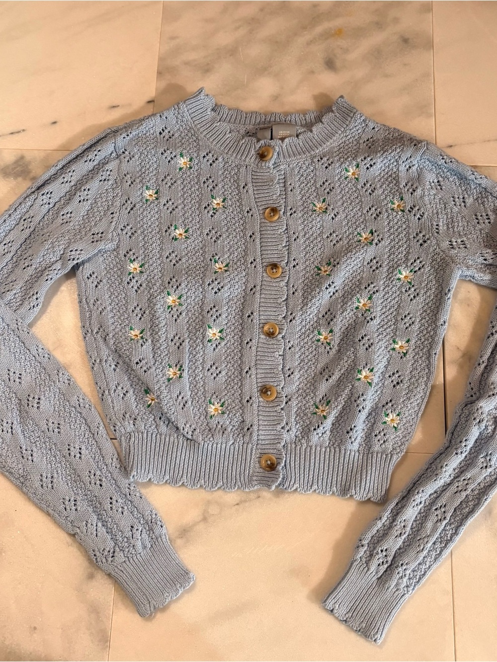Sky & Sparrow Cropped Baby Blue Knit Cardigan with Floral Embroidery